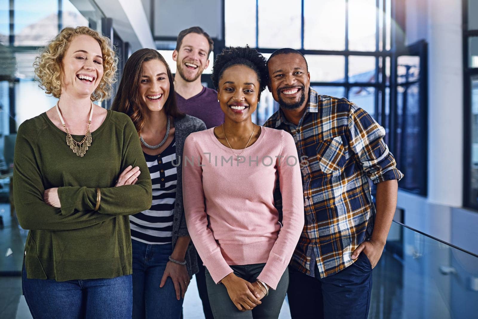 Smile portrait and business people in office building with support, teamwork and partnership. About us, recruitment and employees with diversity, solidarity and collaboration for hiring promotion.