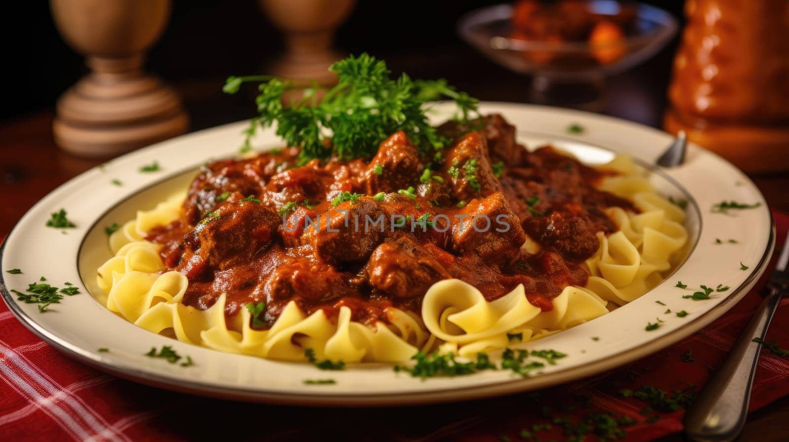 Traditional Czech Gourmet pasta three cops with meat and sauce AI