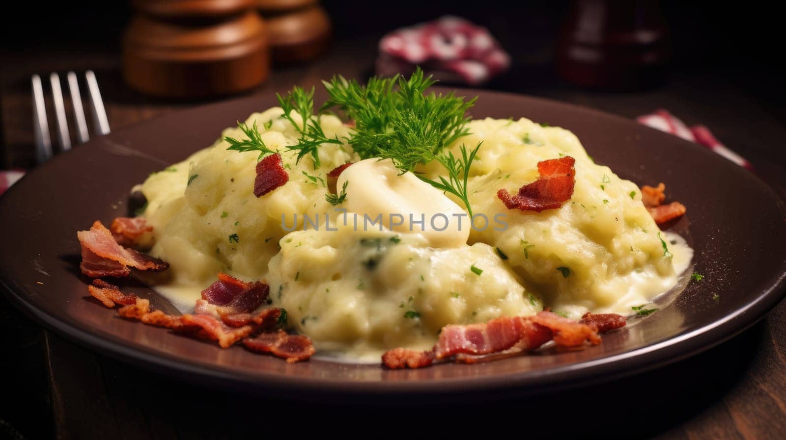 Traditional Czech Tender potato dumplings with bacon and cabbage AI