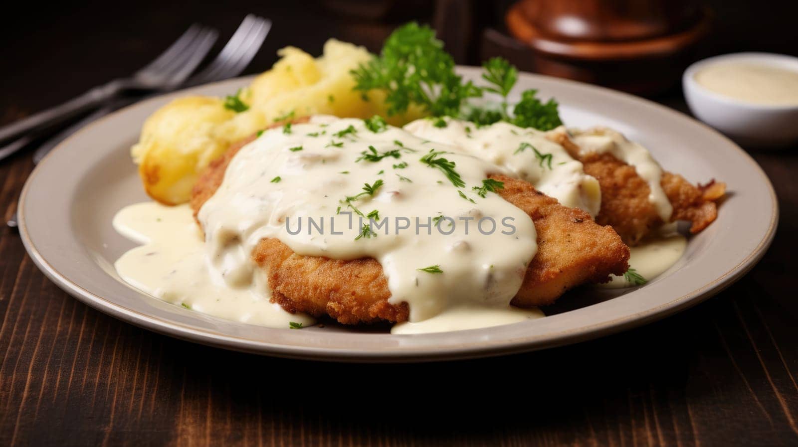 Traditional German pork Schnitzel with cream sauce by natali_brill