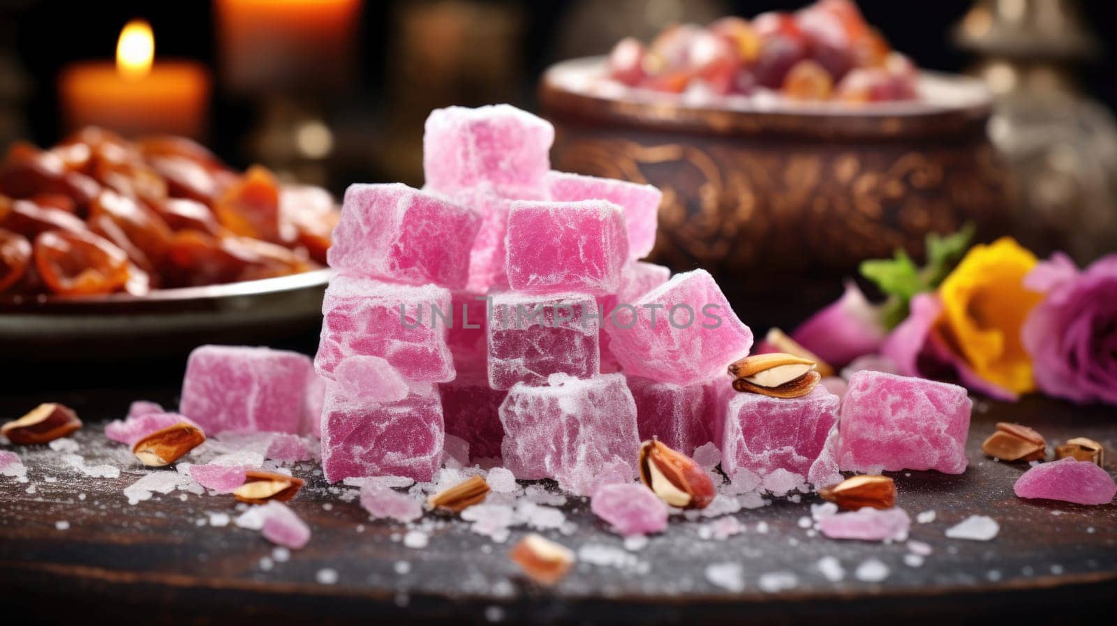 Traditional Turkish delight. Ramadan Kareem celebration concept. Turkish sweets in national dishes. AI