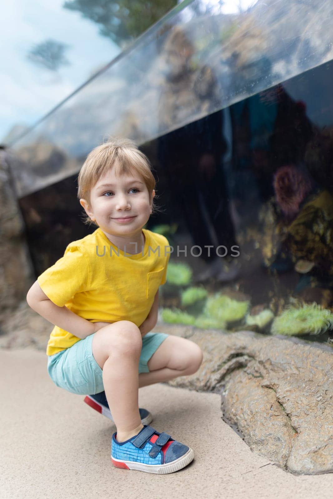 A young boy in a yellow shirt is crouching down in front of a fish tank by Studia72