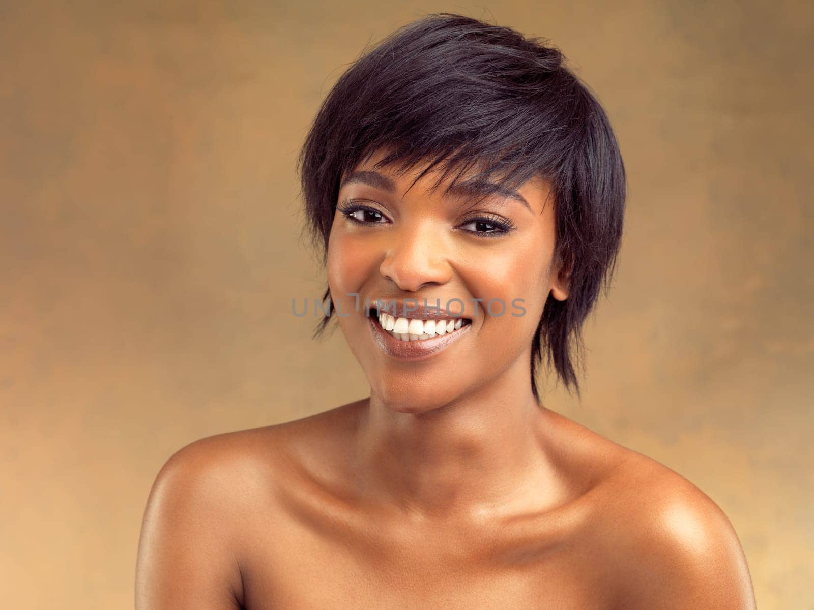 Portrait, happy and black woman in studio, skincare and cosmetics for beauty, routine and aesthetic. Gold background, dermatology and results of treatment in skin, face and glow for African person.