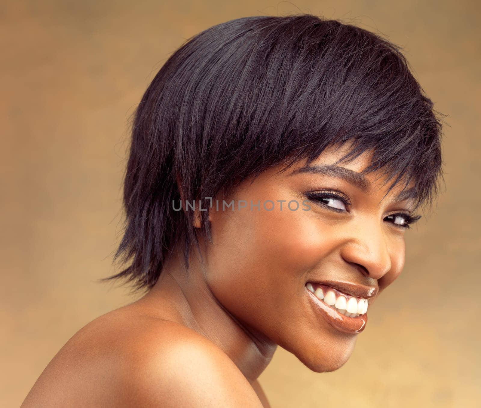 Happy, portrait and black woman in studio for hair, wellness and scalp cosmetics on brown background. Face, smile and African model with haircare results, style or texture or growth treatment choice.