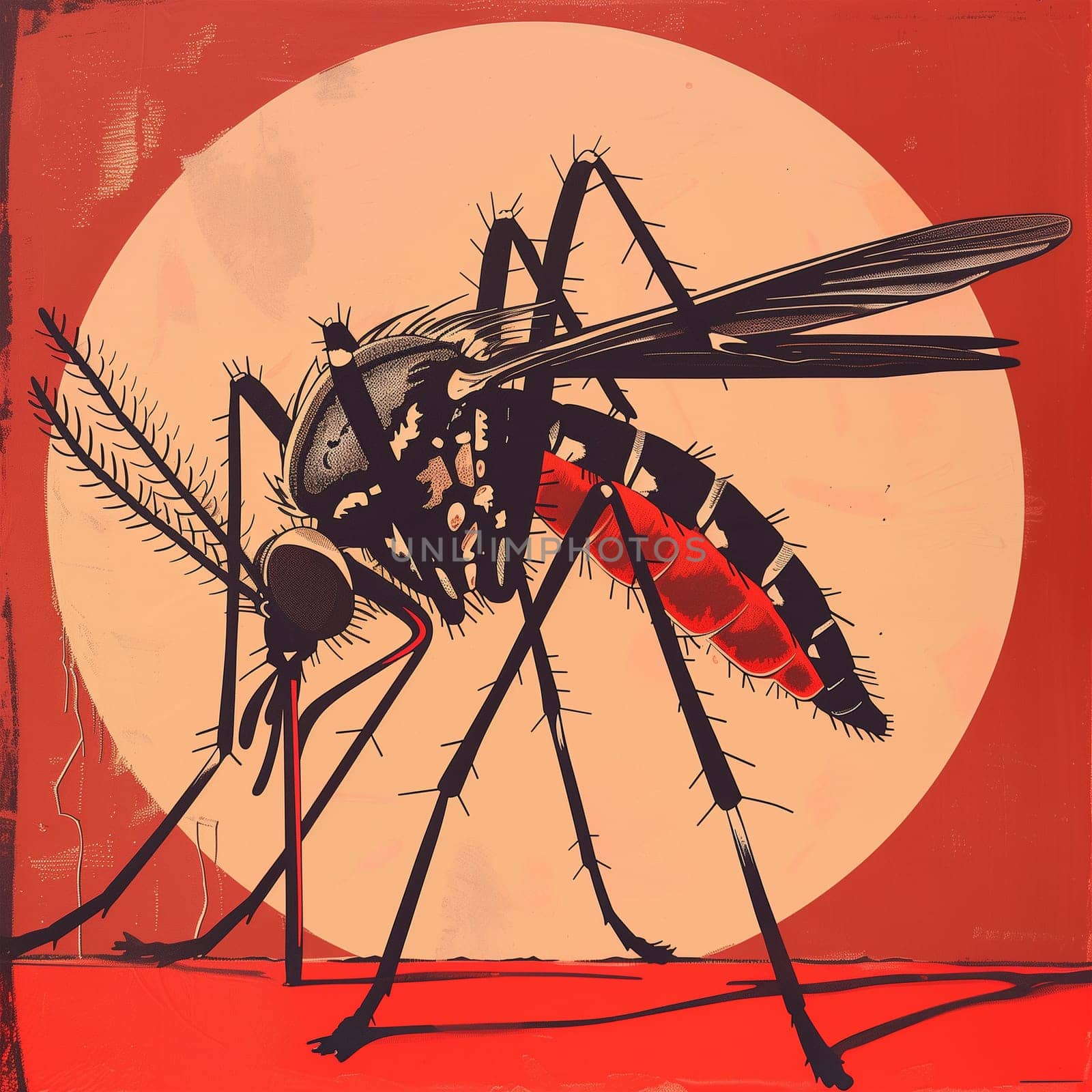 A detailed view of a mosquito on a vibrant red background, showcasing the insects anatomy and coloring.