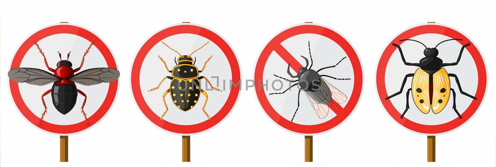 Display of four signs with different bugs on them, lined up in a row against a wall outdoors.