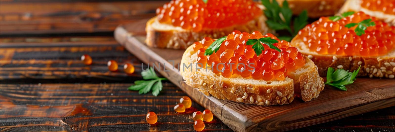 A wooden plate holds bread topped with rich red caviar, creating a savory and indulgent gourmet snack.