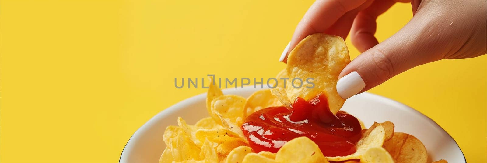 A bowl filled with crispy chips topped with a generous amount of ketchup.