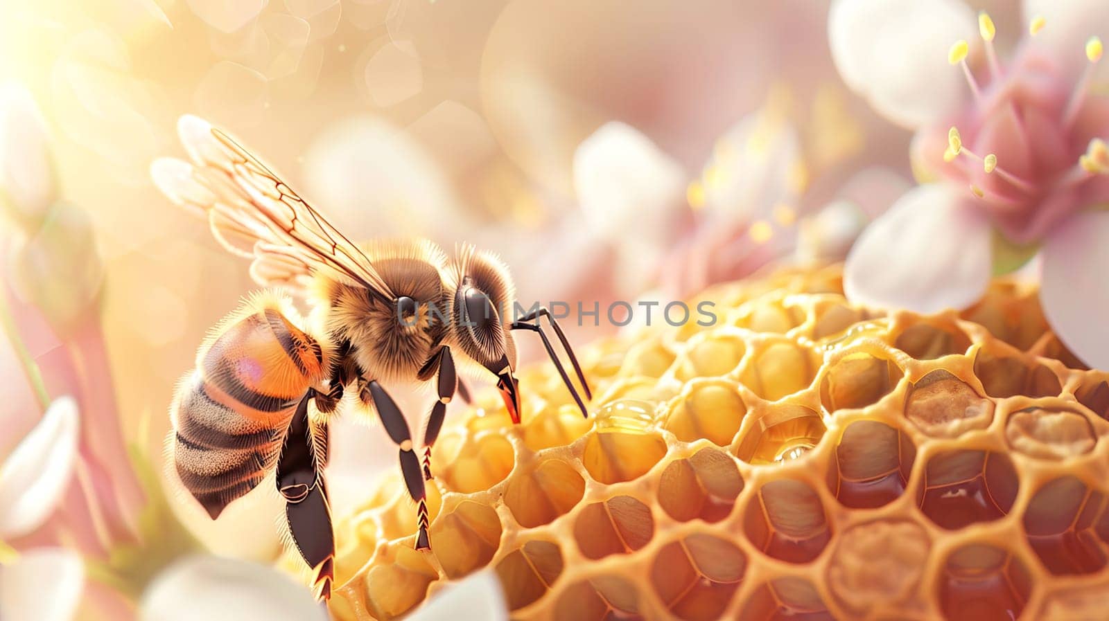 A bee at work on a golden honeycomb, among flowers. AI generated. by OlgaGubskaya