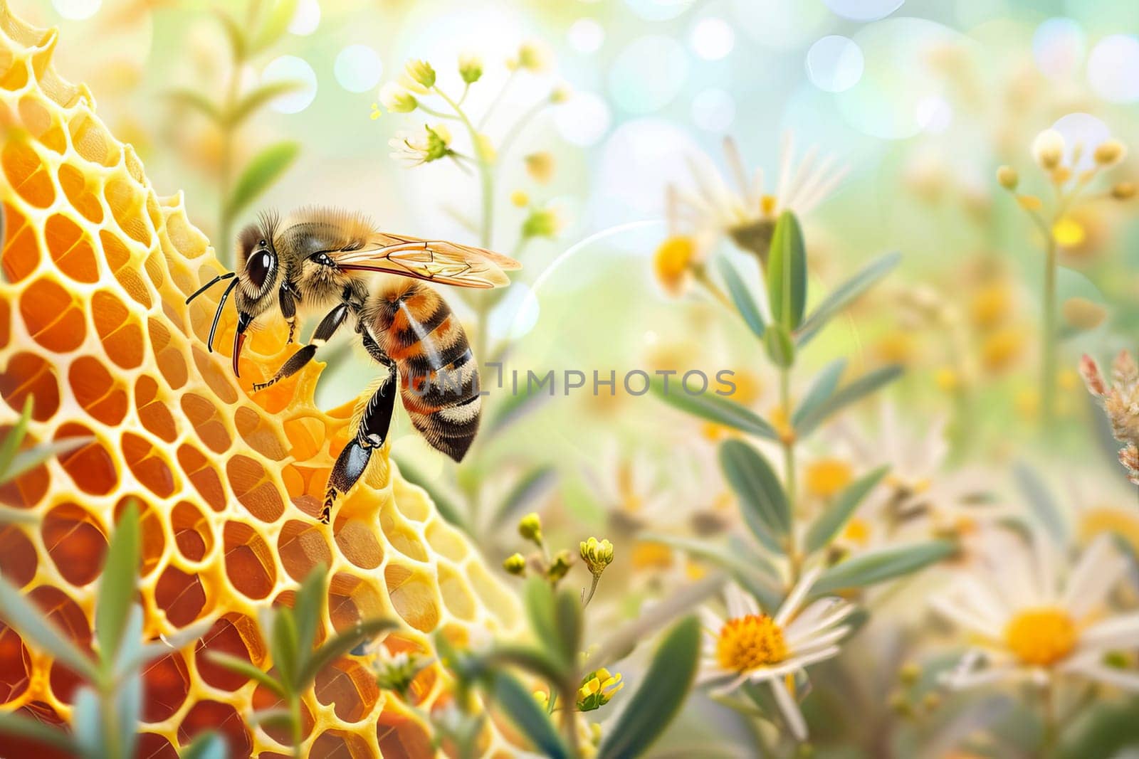 A bee at work on a golden honeycomb, among flowers. AI generated. by OlgaGubskaya