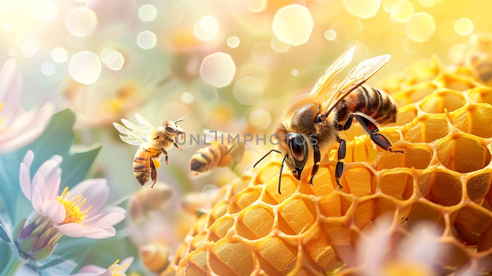 A bee at work on a golden honeycomb, among flowers. AI generated. by OlgaGubskaya