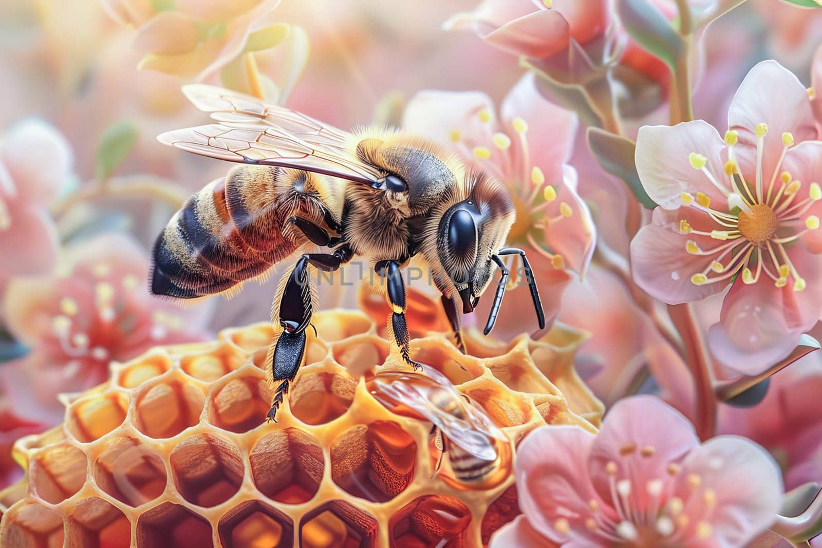 A bee at work on a golden honeycomb, among honey-bearing herbs and flowers. International Bee Day. AI generated.