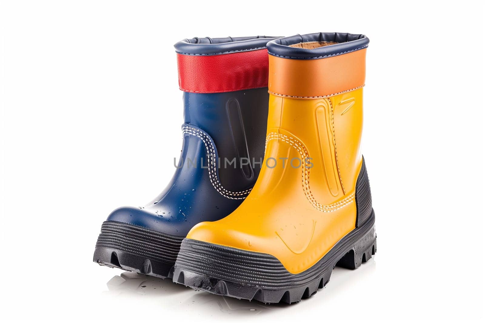 A pair of colorful childrens rain boots standing on a white background.