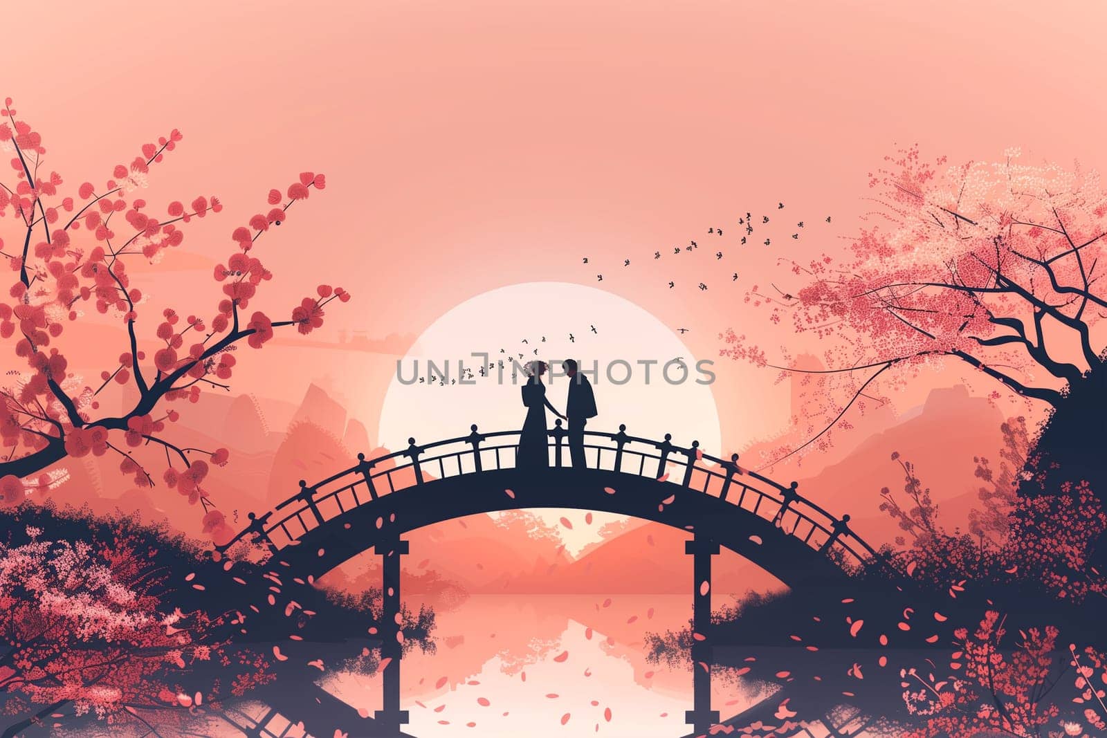 A couple stands together on a bridge overlooking a flowing river below.