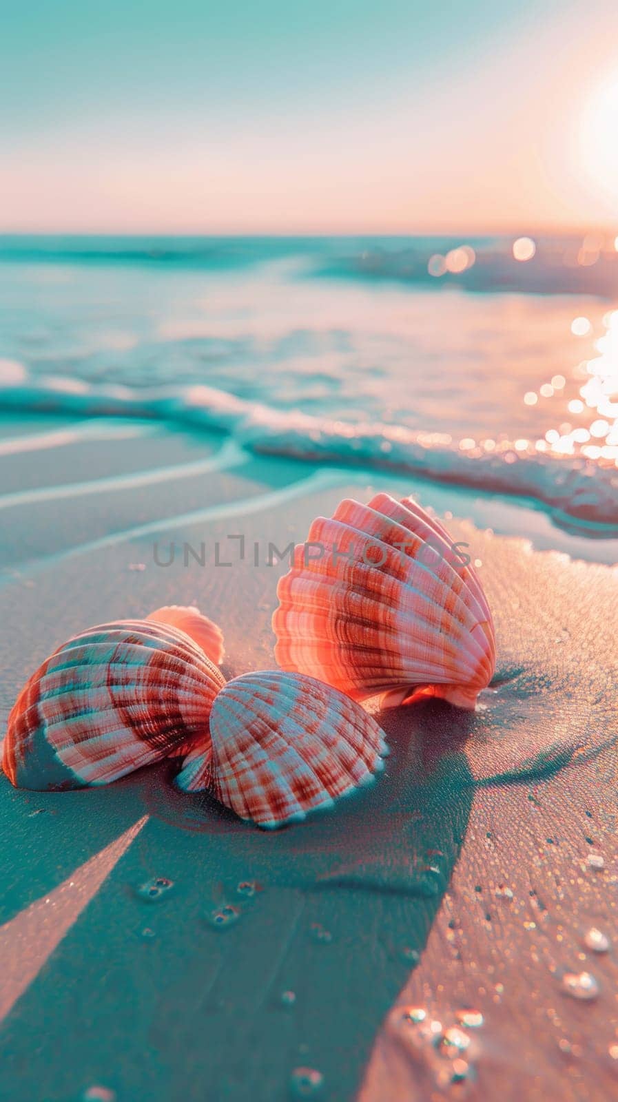 Three seashells are on the beach at sunset