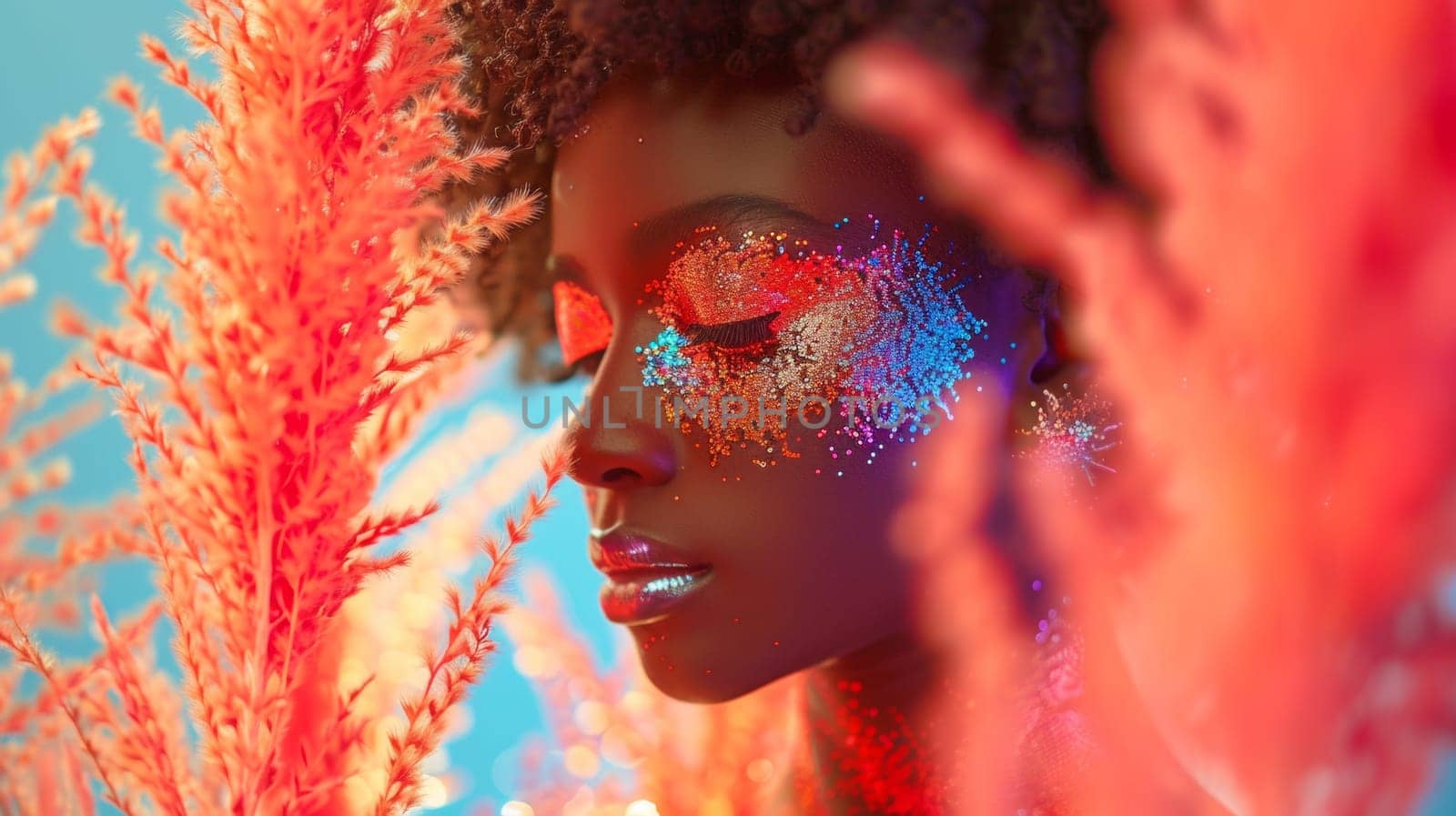 A close up of a woman with colorful makeup and flowers