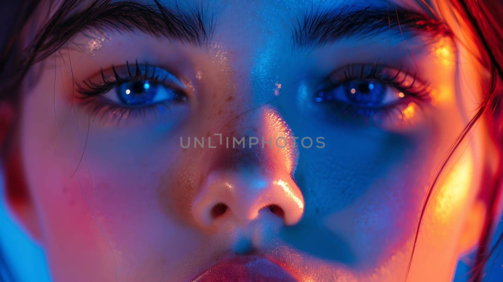 A close up of a woman with blue eyes and wet hair