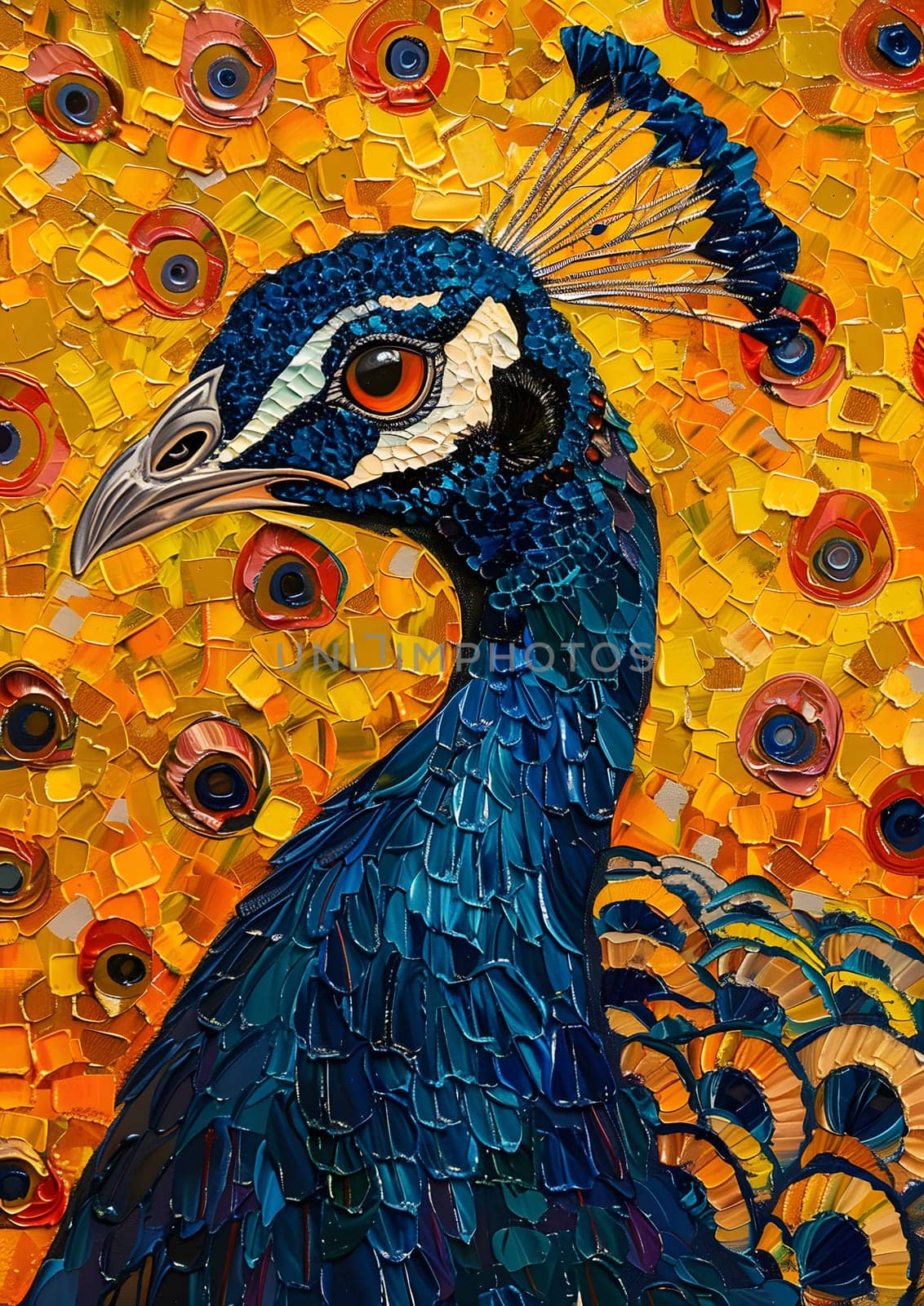 A stunning painting of a peacock, a bird in the Phasianidae family. The vibrant feathers and intricate details stand out against the yellow background