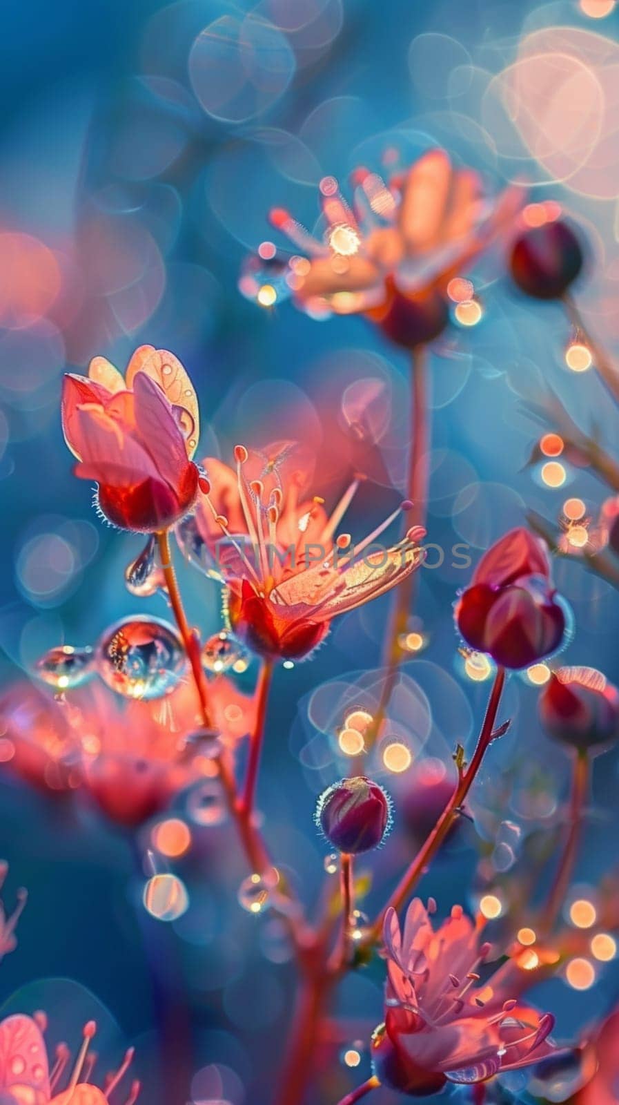 A close up of a bunch of flowers with water droplets on them
