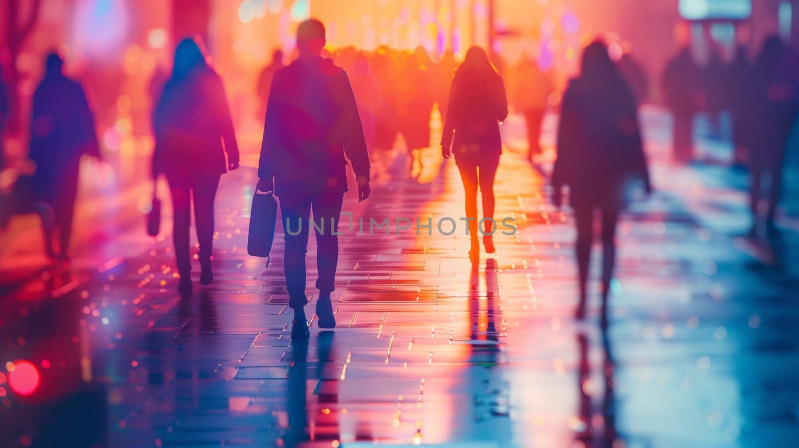A group of people walking down a street with blurred background