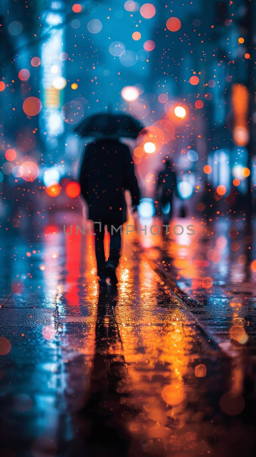 A person walking down a street with an umbrella in the rain
