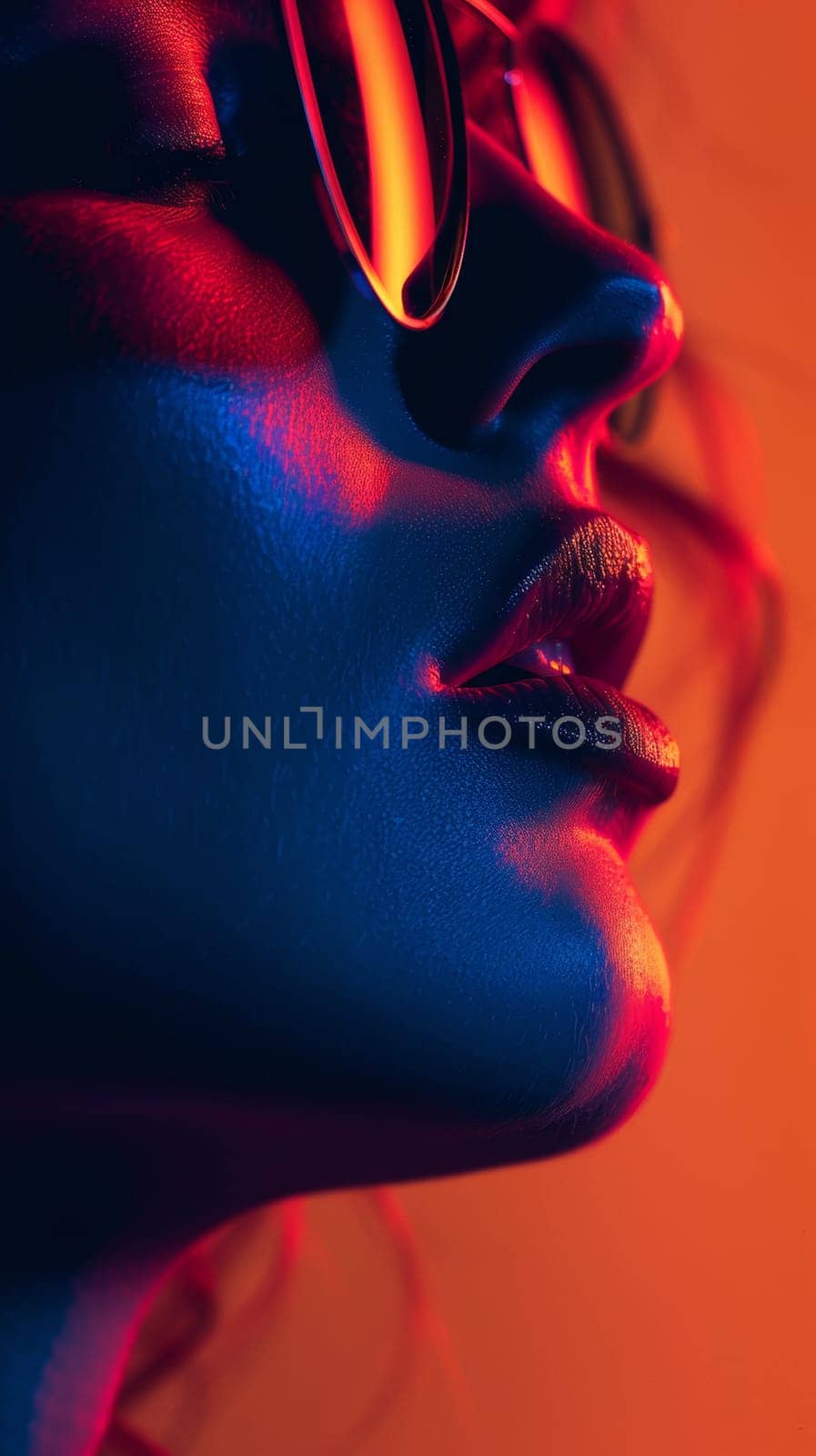 A woman with glasses and a red, blue and purple background
