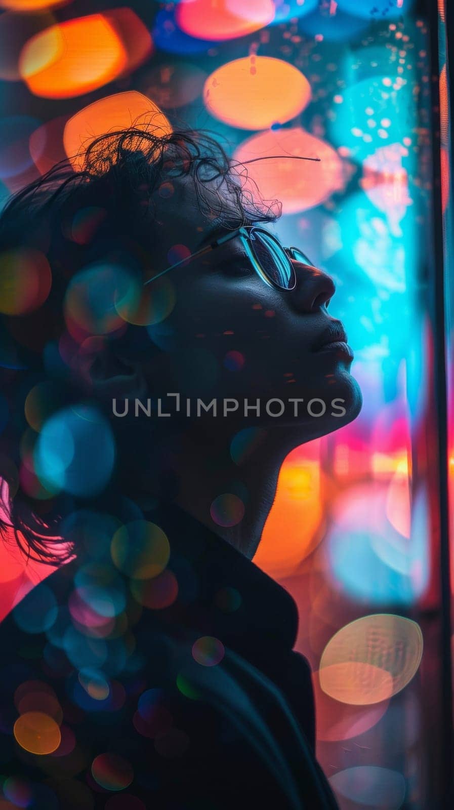A woman with glasses looking up at a colorful light display