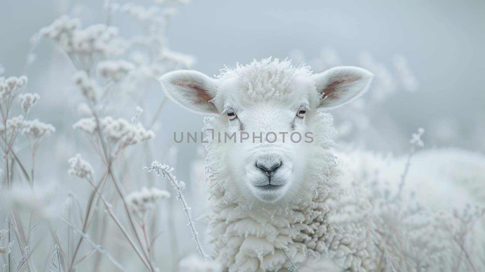 A close up of a sheep in the snow with some grass