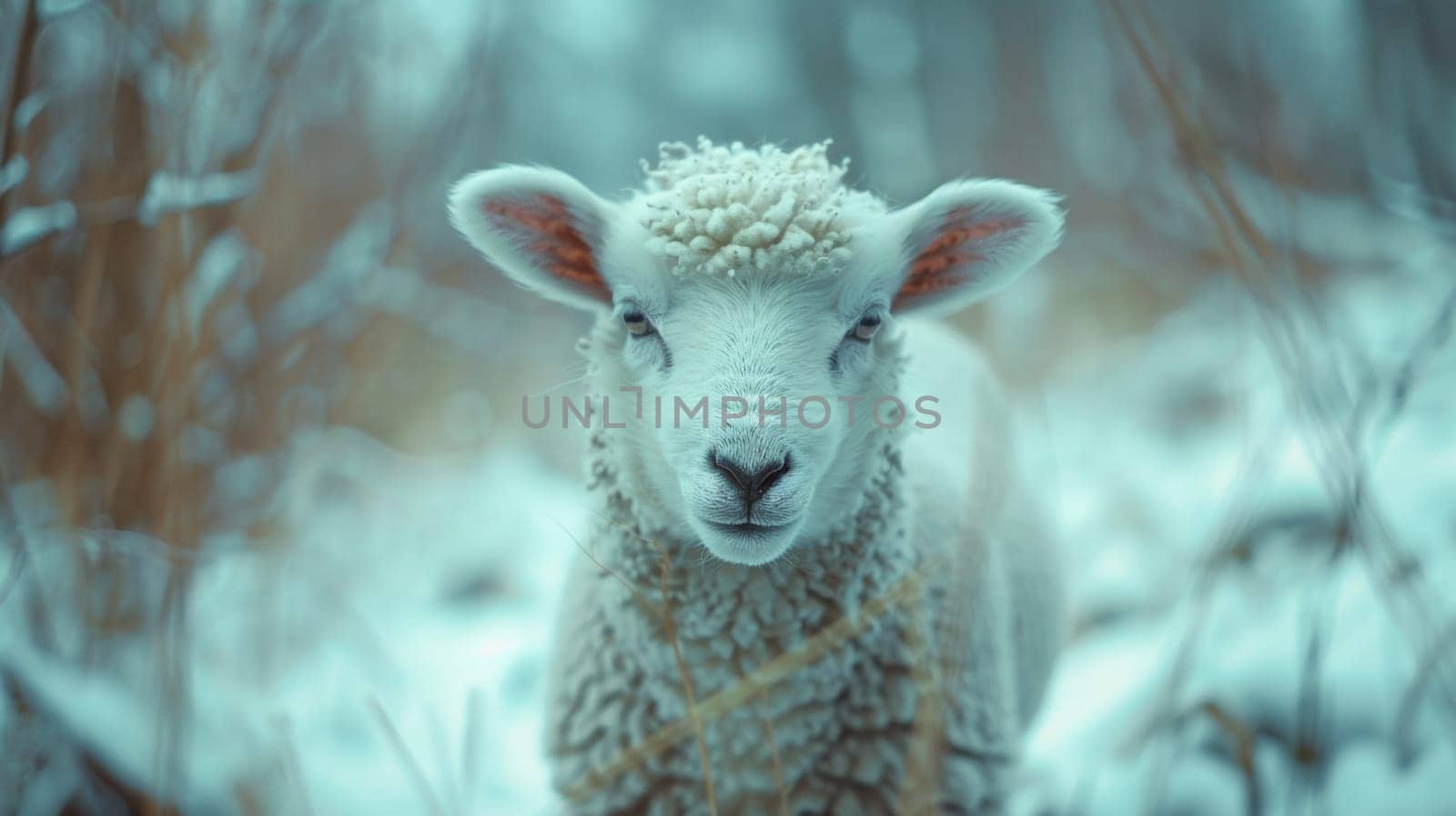 A close up of a sheep standing in the snow