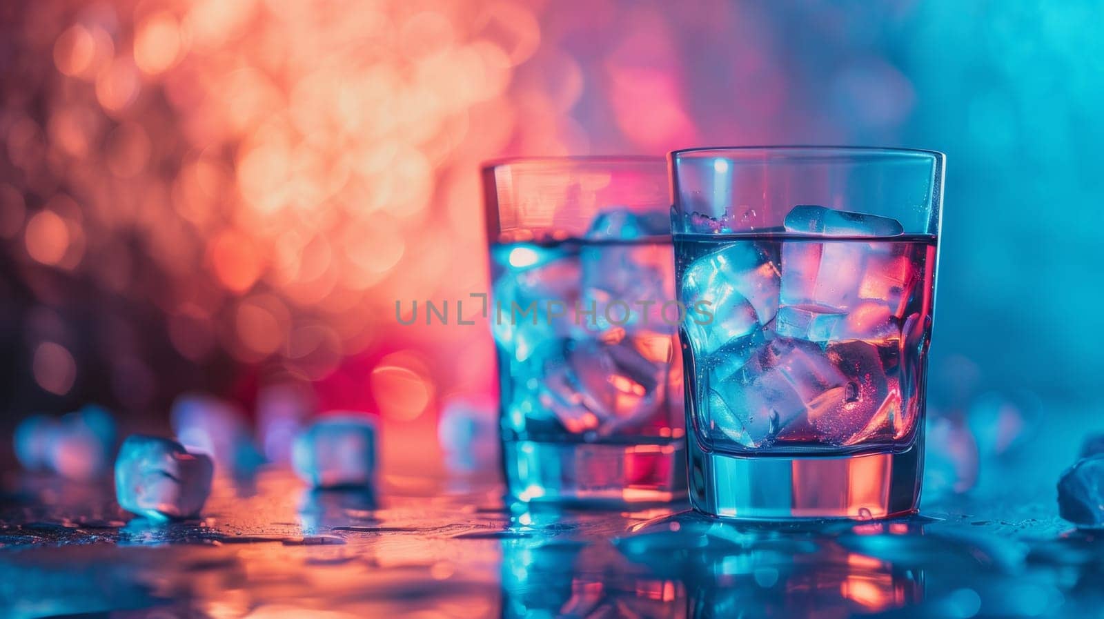Two glasses of water with ice cubes on a colorful background