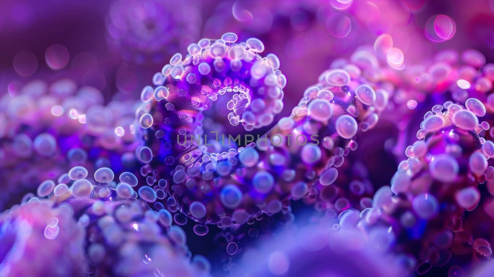 A close up of a purple and blue sea creature with bubbles