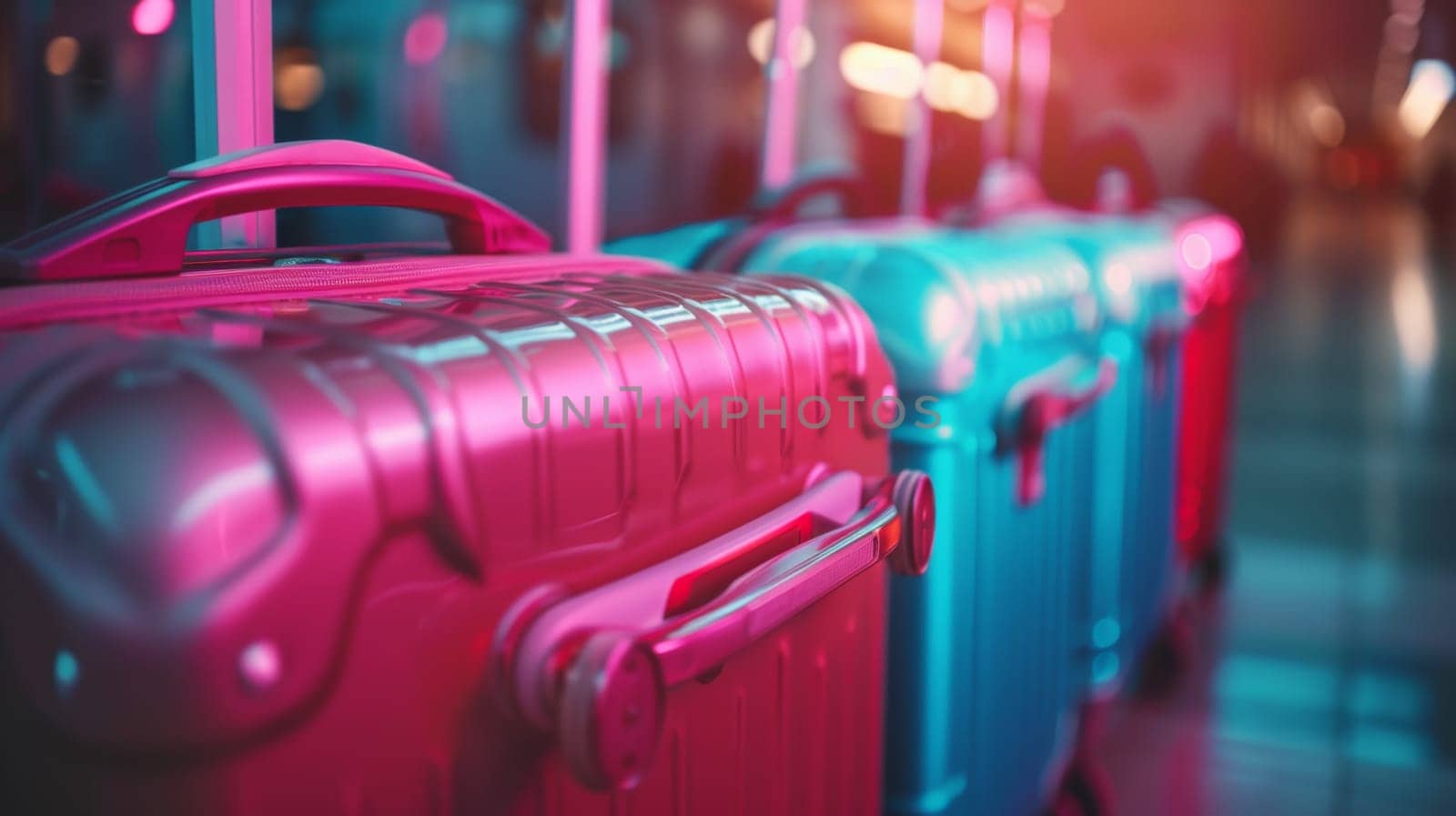 A row of colorful luggage sitting in a line at the airport