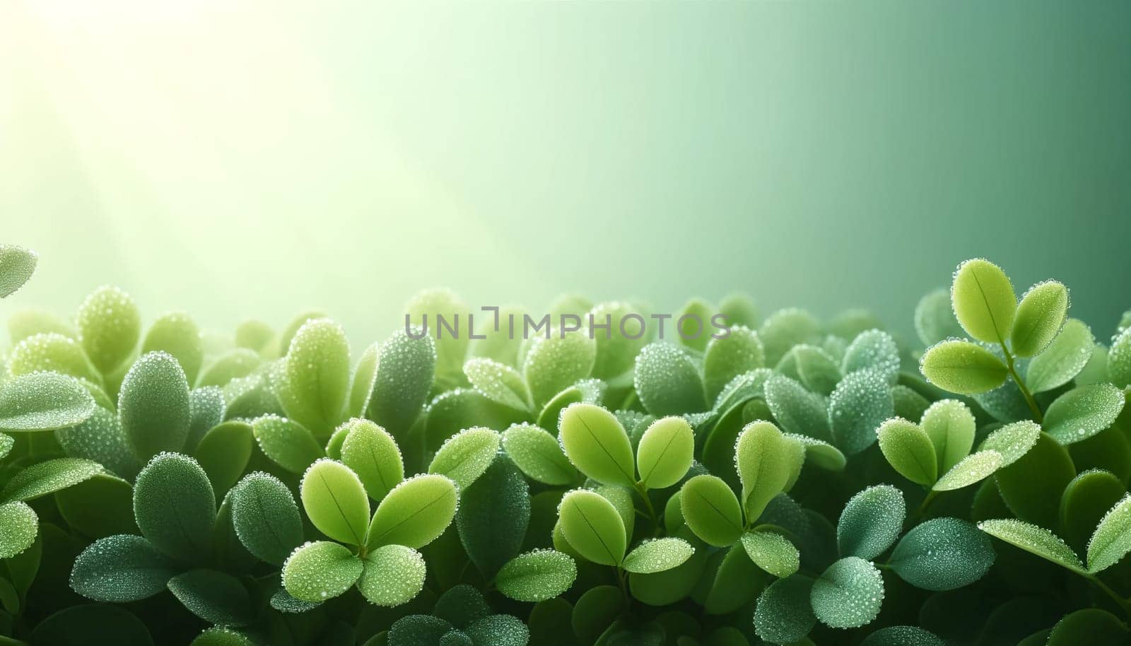 spring background, morning dew on green leaves, copy space close-up