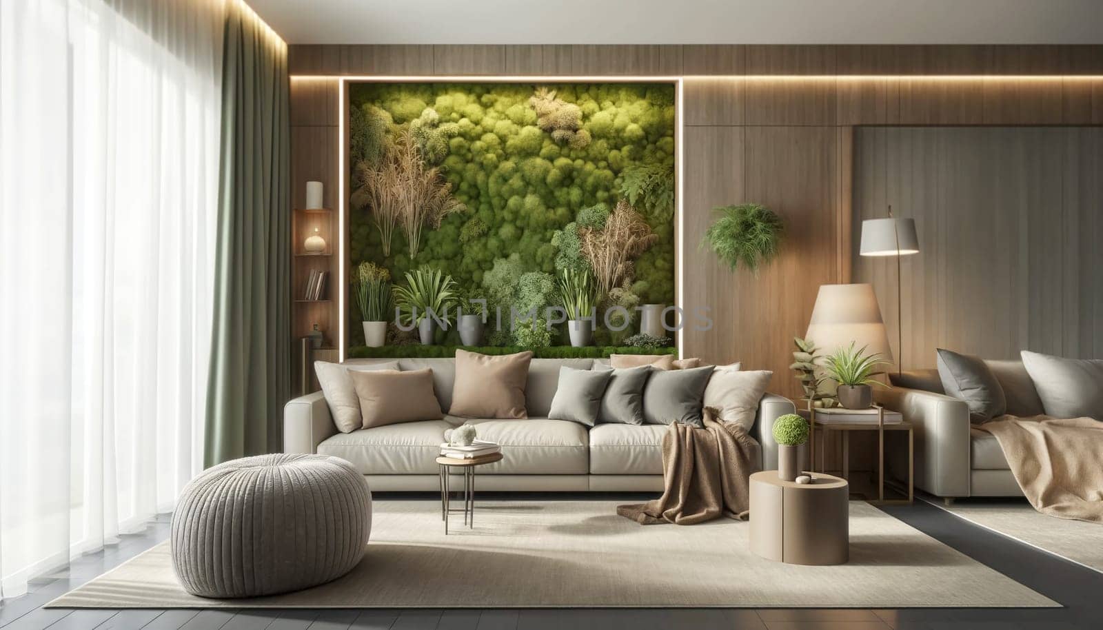 Decorative preserved forest moss on the wall in the living room interior, environmental design concept.