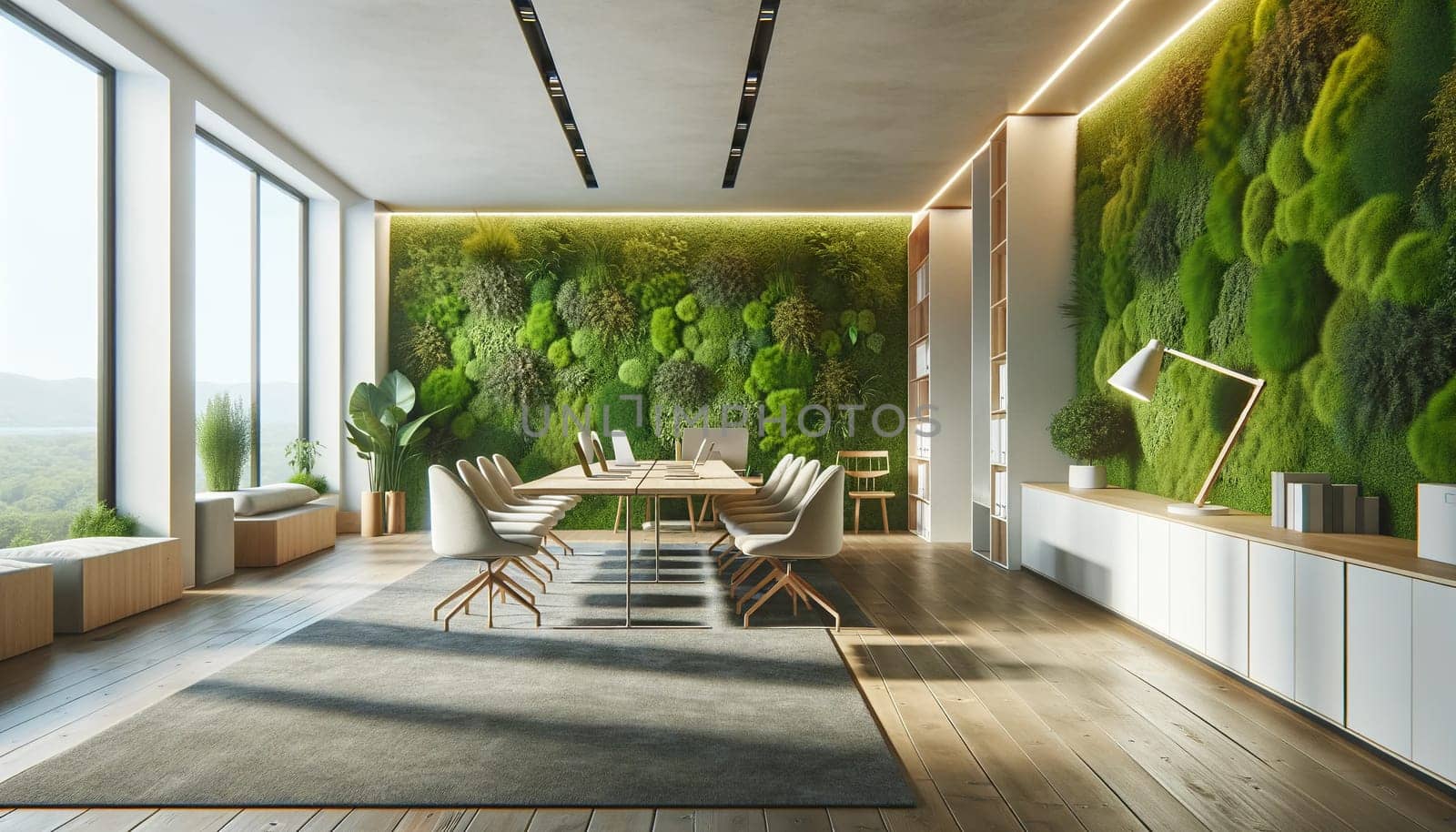 Decorative preserved forest moss on the wall in office interior, environmental design concept by Annado