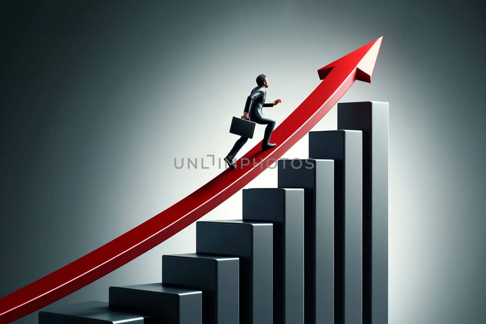 male model in a business suit with a briefcase runs up a bar graph with a red arrow by Annado