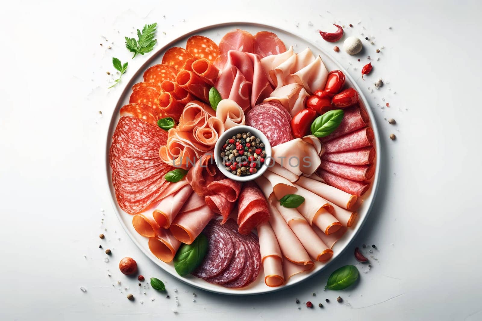 cold cuts on a round plate with spices, top view.