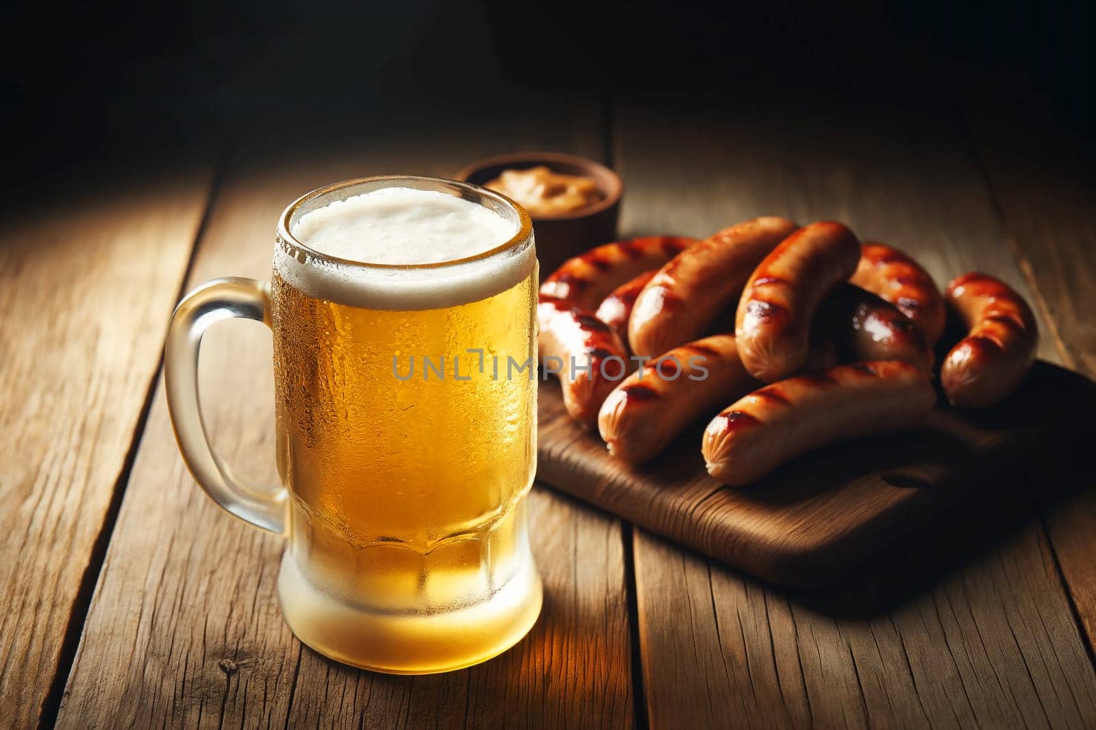glass mug of foamy beer and grilled sausages on a wooden board.