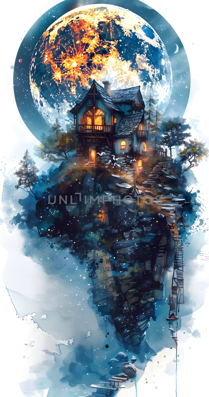 A painting of a house on a small island with a full moon in the background, featuring electric blue hues and intricate patterns. A beautiful blend of world art and fiction