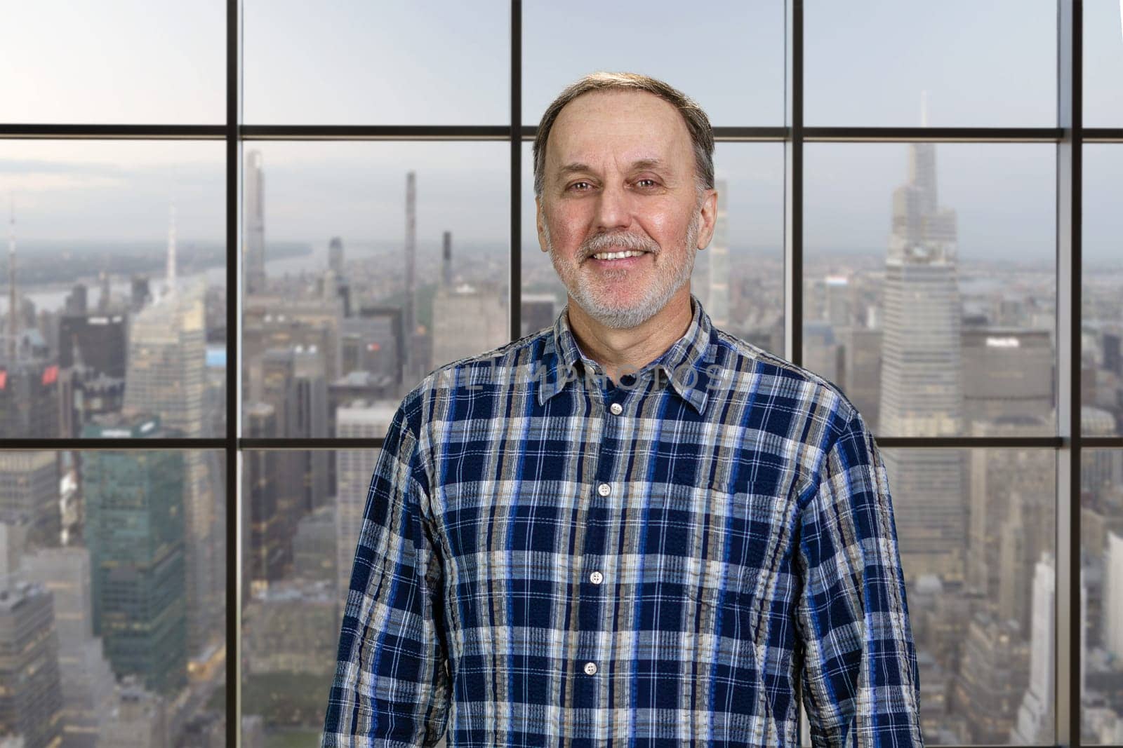 Portrait of smiling cheerful mature senior man standing indoors. Checkered windows background with cityscape view.