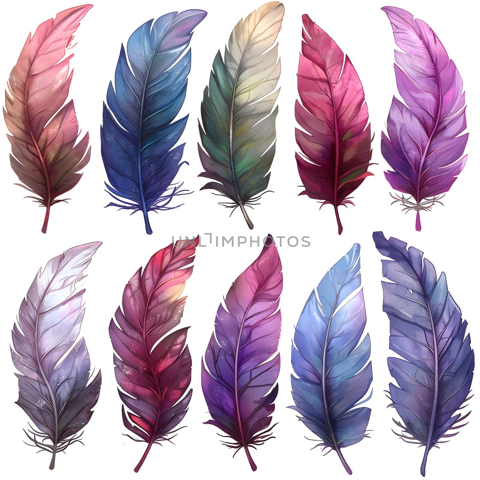 A vibrant mix of natural materials like feathers, petals, and twigs in striking colors such as violet, magenta, and electric blue, creating a beautiful art piece on a white background