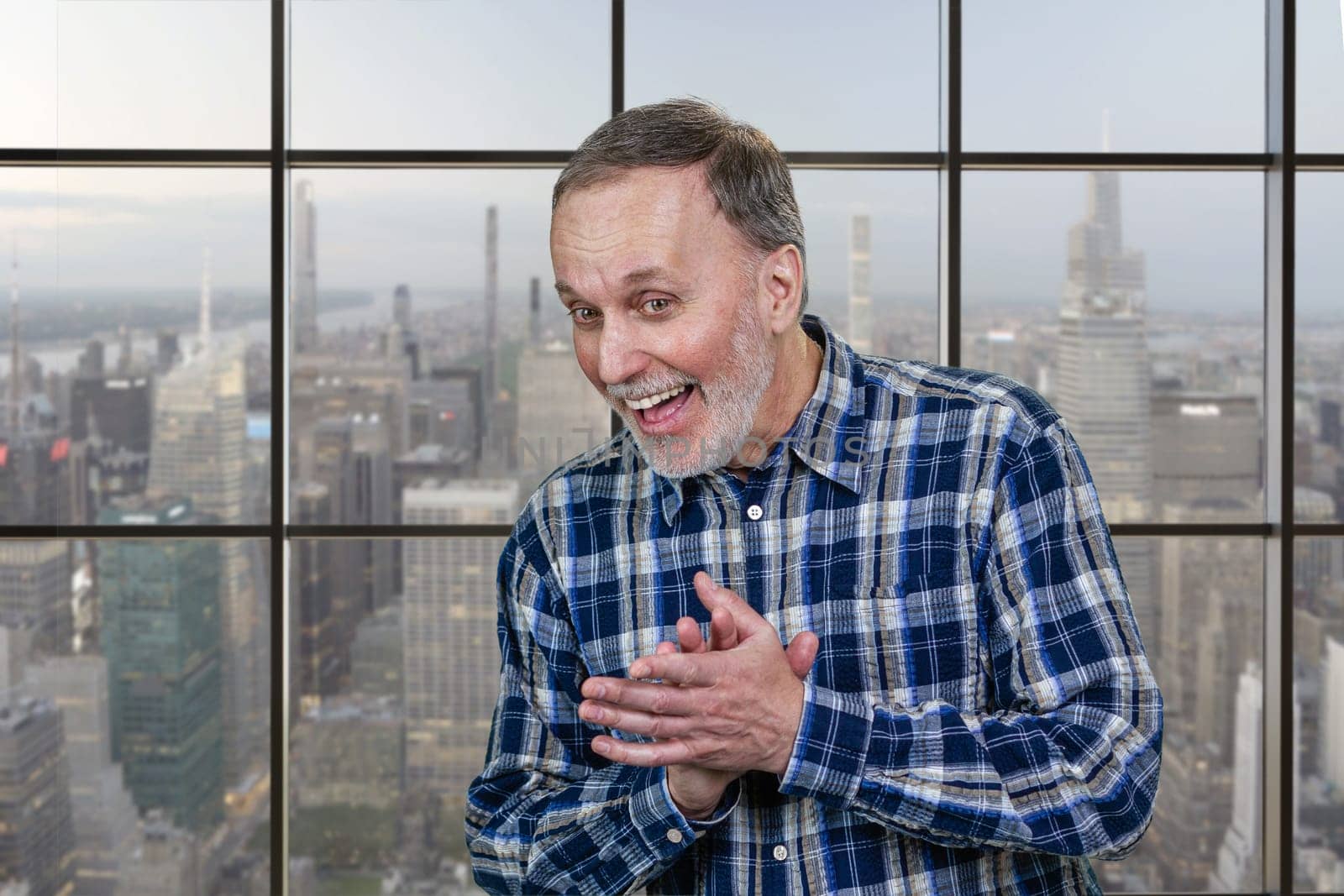 Portrait of a cheerful smiling senior businessman rubbing his hands. Windows with cityscape view background.