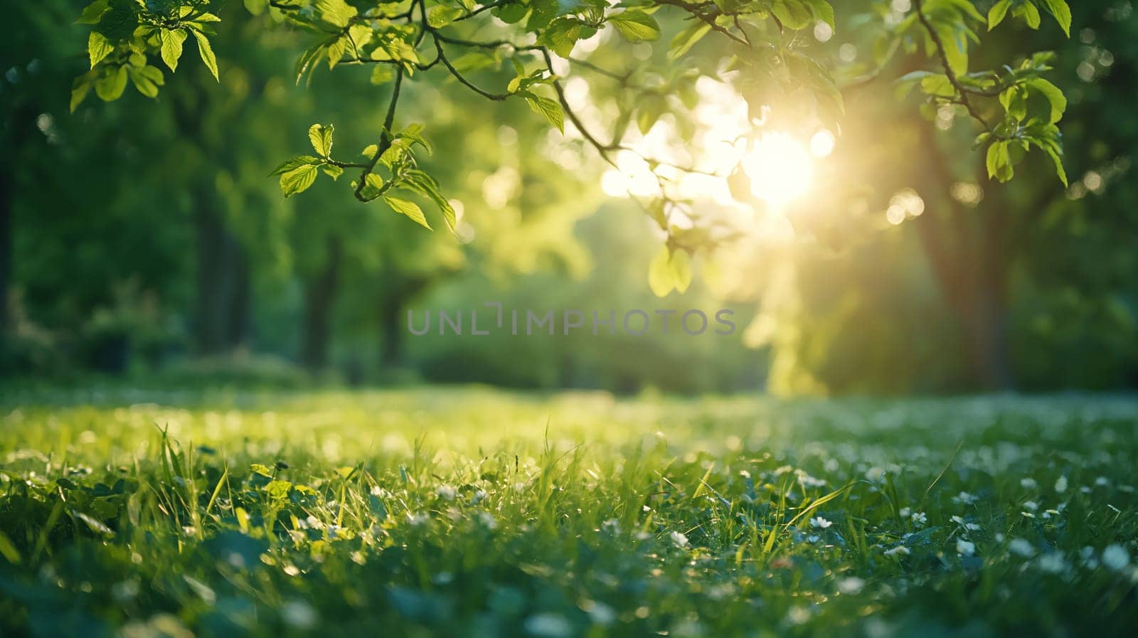 A serene morning scene with the sun rising behind lush green leaves, casting a warm glow over a meadow sprinkled with tiny white flowers - Generative AI