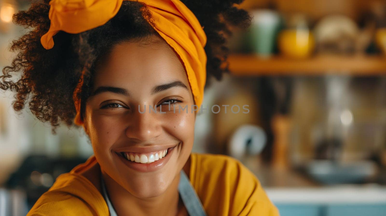 A cheerful young woman wearing a bright yellow headscarf beams with a captivating smile, her eyes sparkling with joy - Generative AI