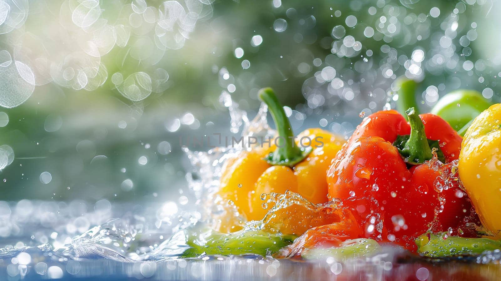 A vibrant assortment of red, yellow, and green bell peppers getting rinsed with water droplets sparkling in the sunlight - Generative AI