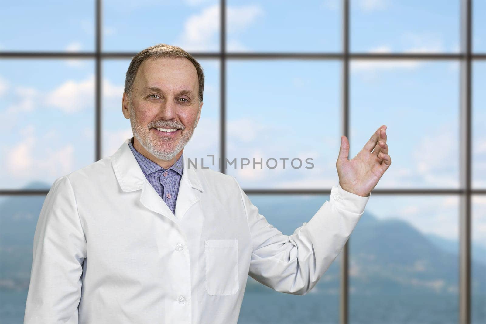 Happy smiling senior doctor showing a copy space with one hand. Checkered window backgorund with landscape view.