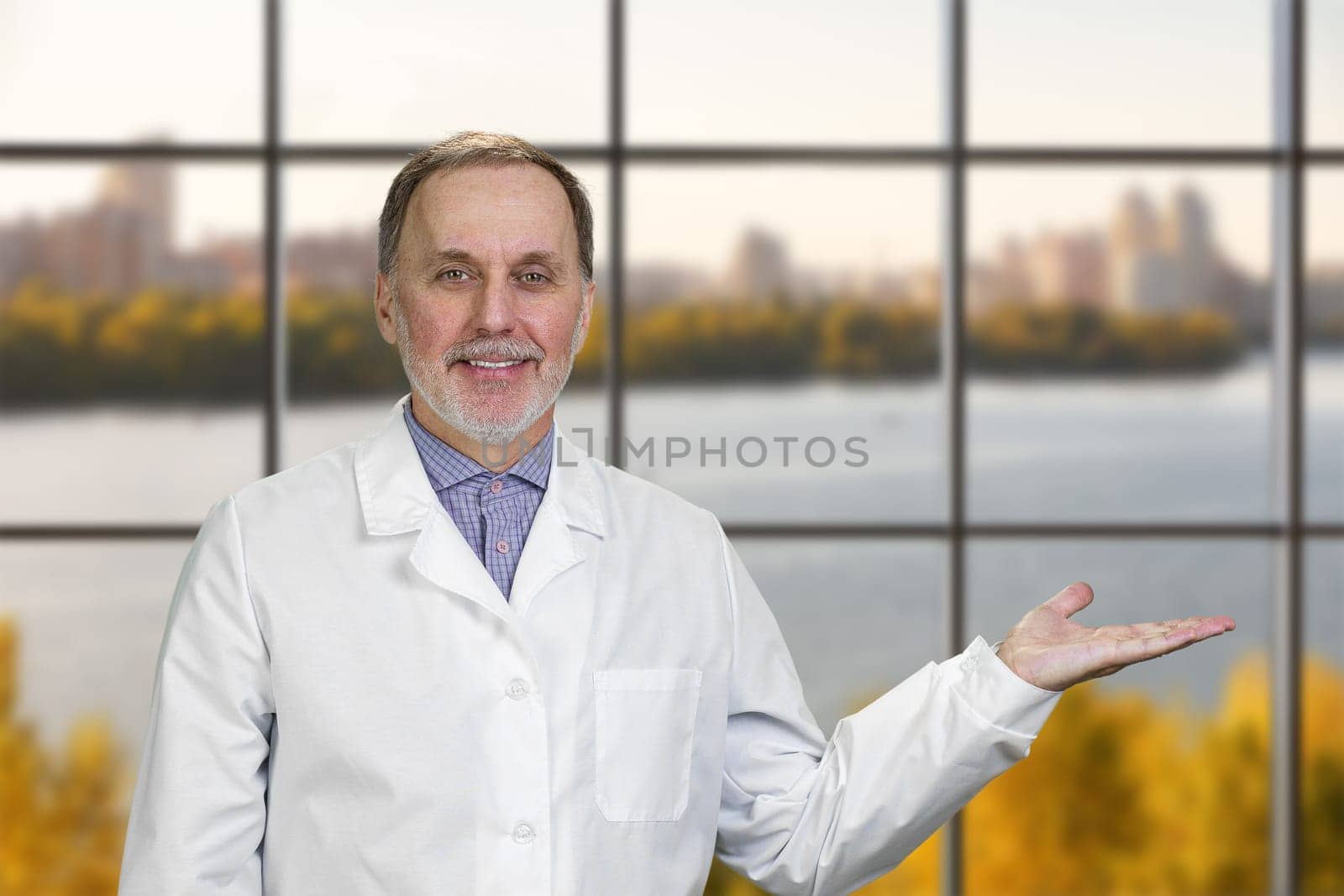 Happy smiling male senior doctor advertising a copy space. Checkered window background with landscape view.