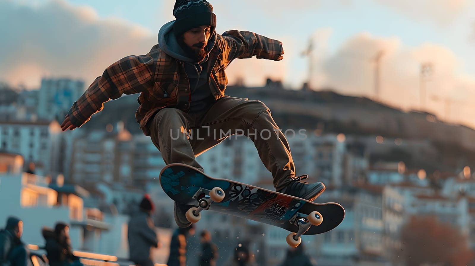 A stunt performer is executing a trick on a skateboard in the sky, showcasing the art of extreme sports. This actionpacked recreation event resembles an actionadventure game