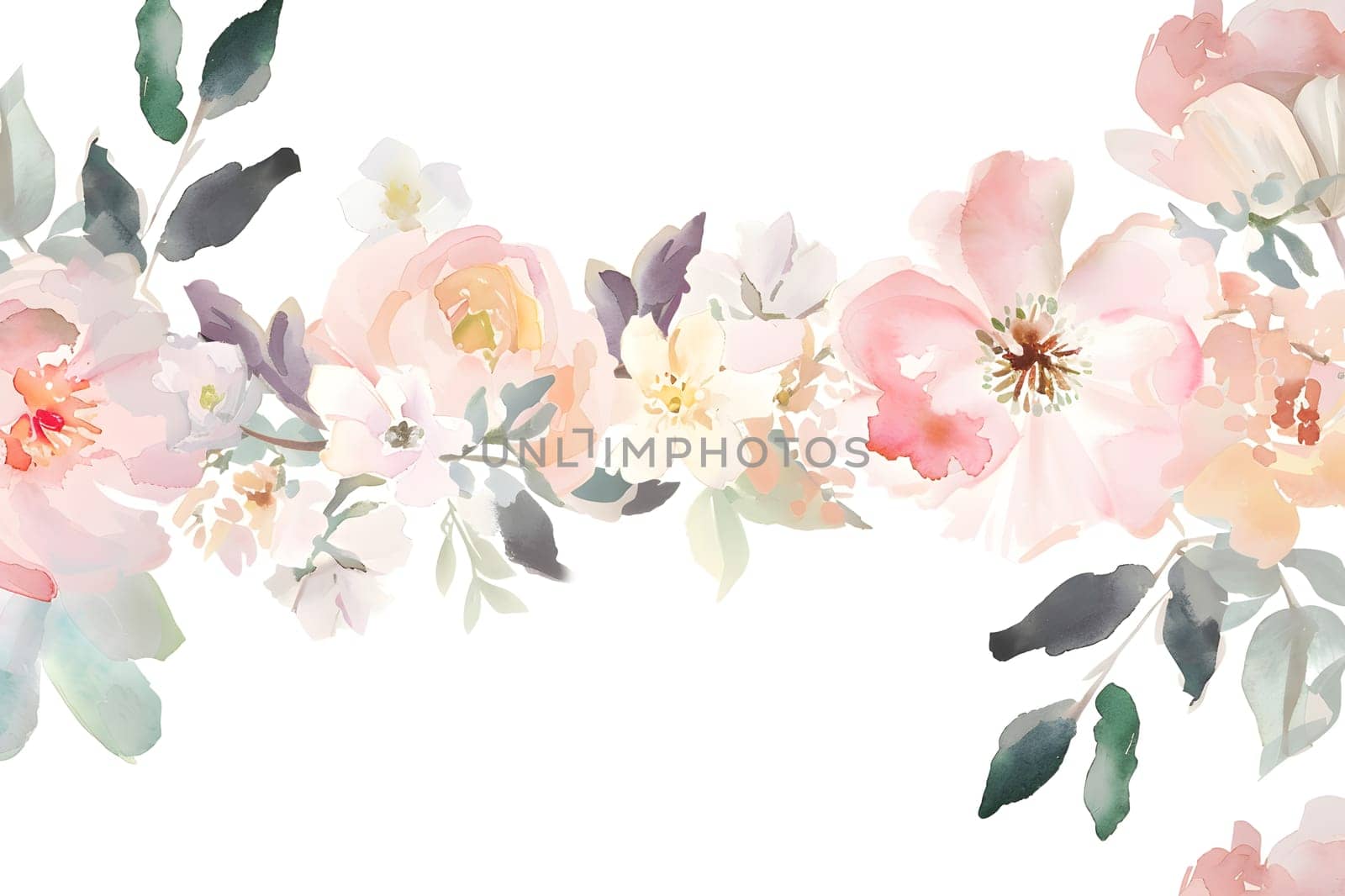 Watercolor painting of pink flowers and green leaves on white background by Nadtochiy