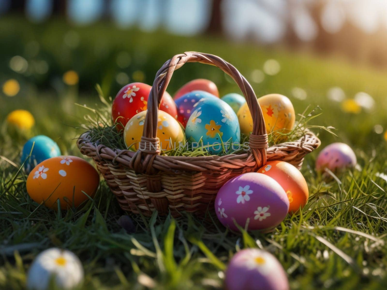 Bright painted Easter eggs in a basket standing in the grass. Generative AI by Yurii73